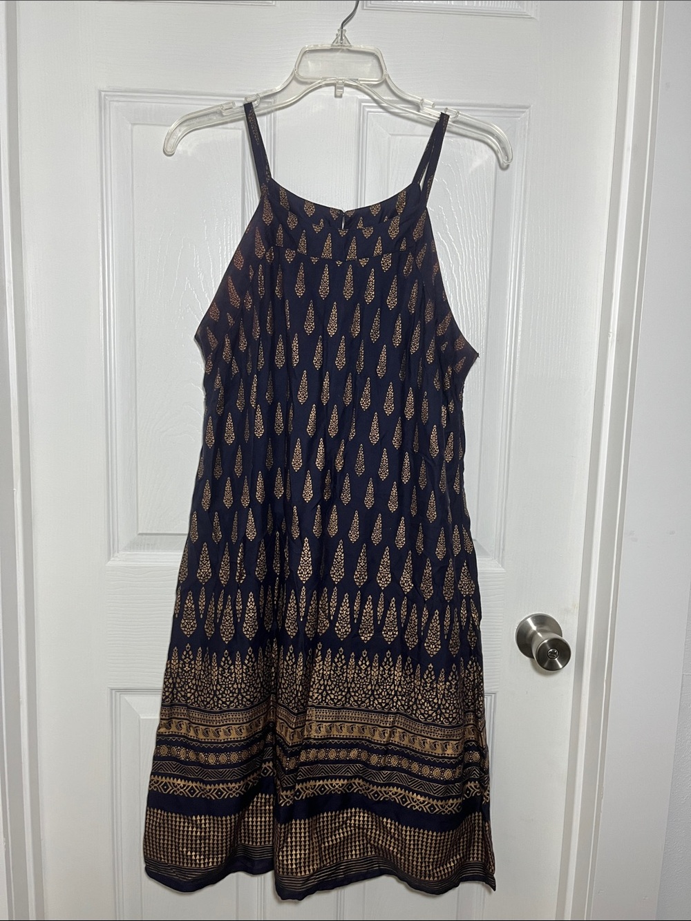 Lapogee Navy and Bronze Printed  Dress with Spaghetti Straps